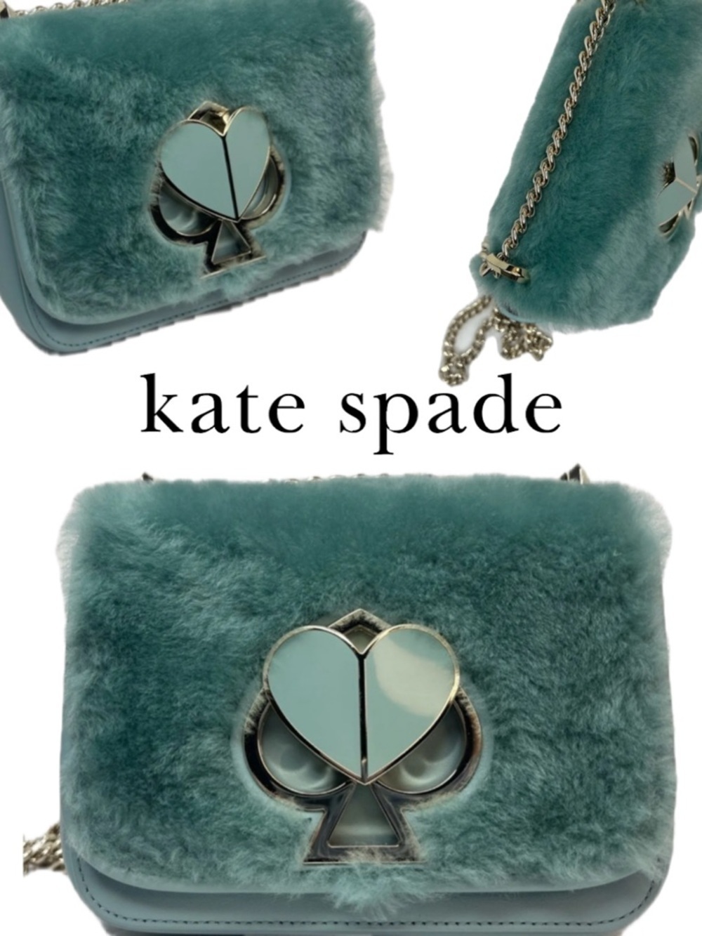 Kate Spade Nicola Faux Fur Crossbody Gold Chain Bag Purse Spearmint Green